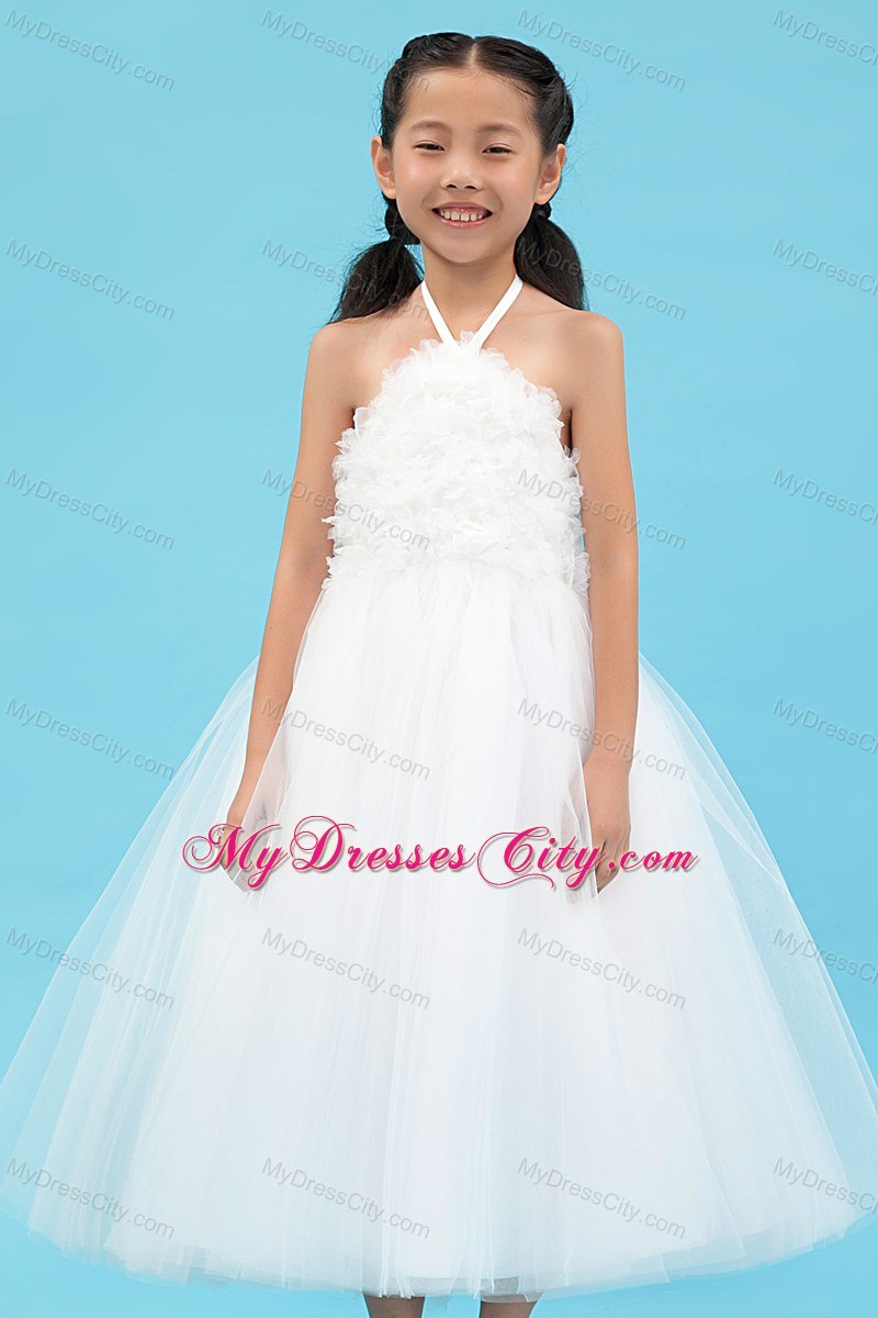 Halter Tulle White A-line Short Appliques Flower Girl Dress