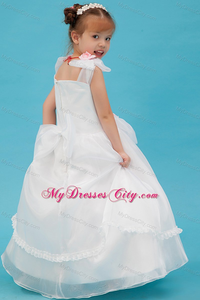 White Square Organza Floral Flower Girl Dress with Bowknot 2013