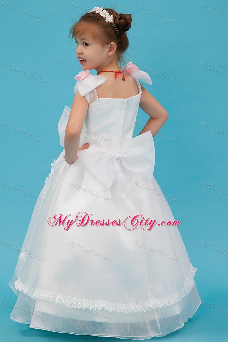 White Square Organza Floral Flower Girl Dress with Bowknot 2013
