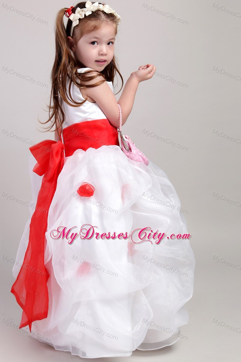 White A-line Scoop Taffeta Organza Bow Flower Girl Dress Sashed