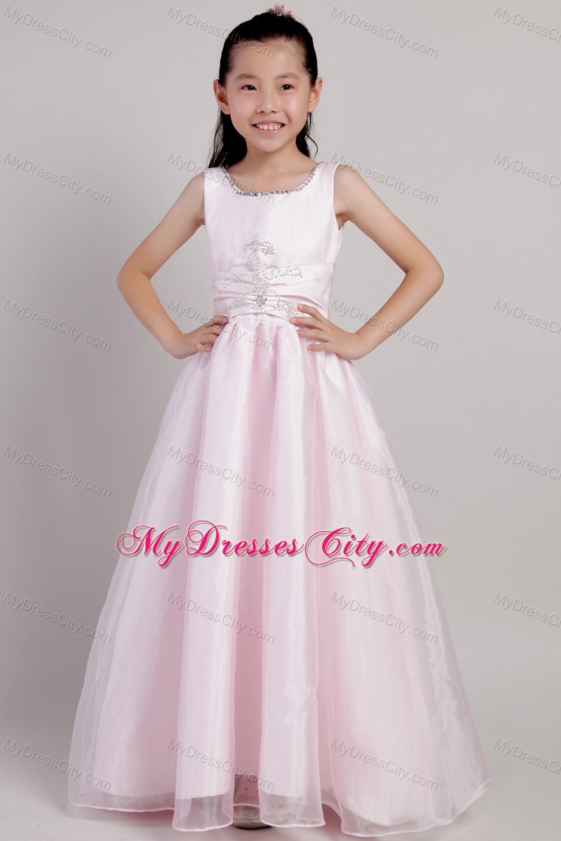 Pink Princess Scoop Beaded Flower Girl Dress with Ankle-length