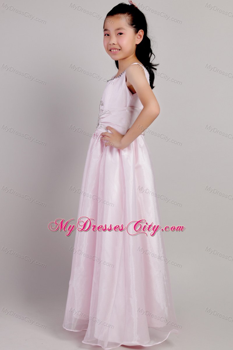 Pink Princess Scoop Beaded Flower Girl Dress with Ankle-length