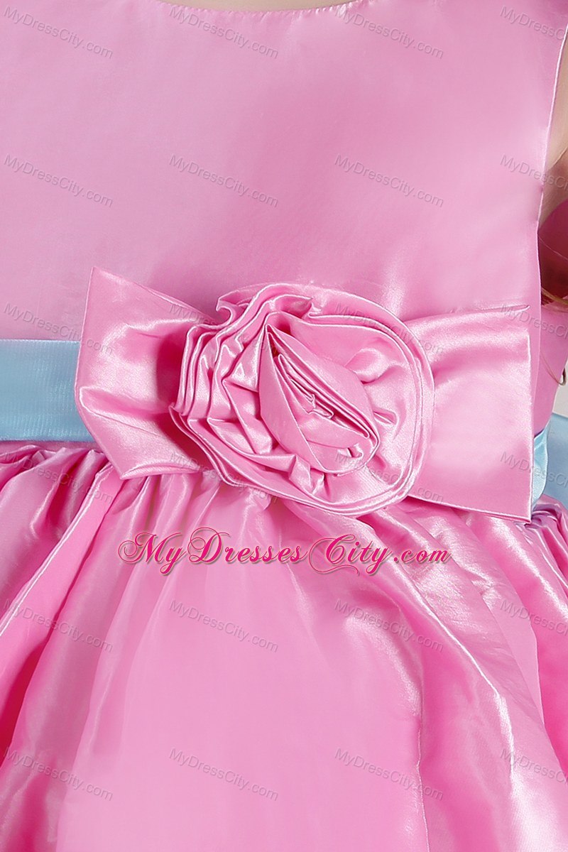 Knee-length Rose Pink Scoop Taffeta Belt Little Girl Dress