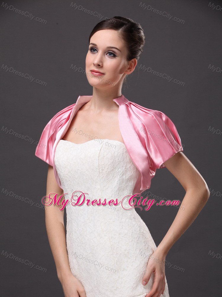 High-neck Satin Rose Pink Short Sleeves Jacket For Other Formal Occasions With Ruch Decorate