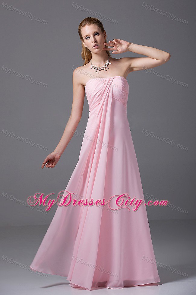 Strapless Pink Ruched Long Chiffon Empire Bridesmaids Dresses
