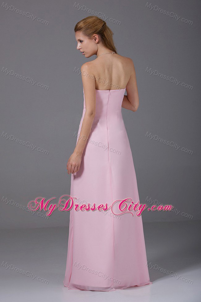 Strapless Pink Ruched Long Chiffon Empire Bridesmaids Dresses
