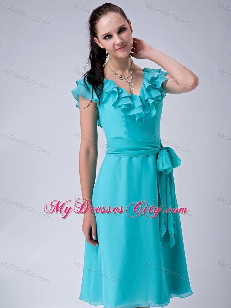 Layers V-neck Bridesmaid Dresses in Turquoise with Bowknot