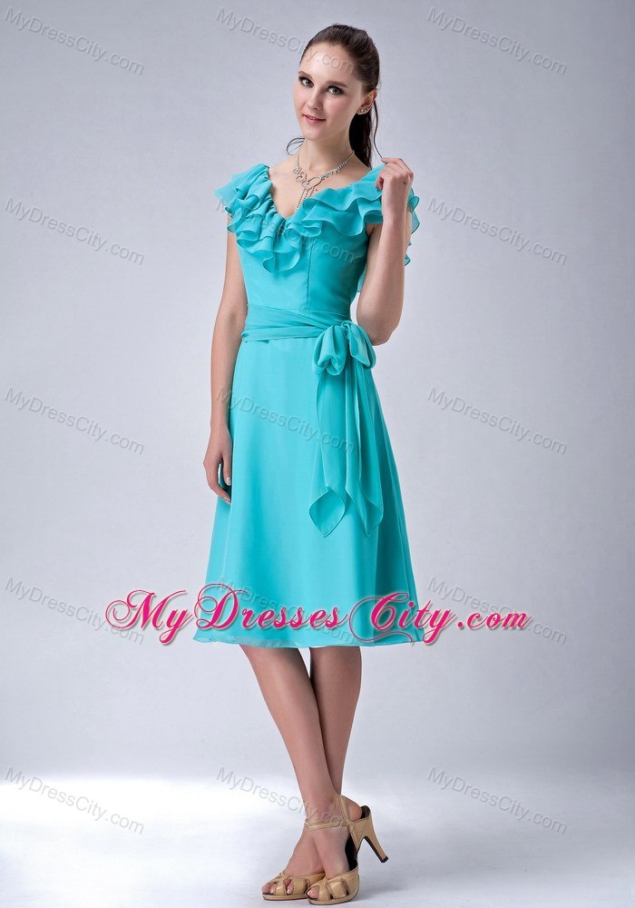 Layers V-neck Bridesmaid Dresses in Turquoise with Bowknot