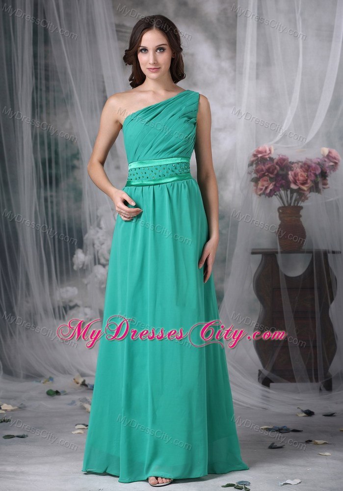 Turquoise Floor-length Bridesmaid Dress One Shoulder Chiffon Beading