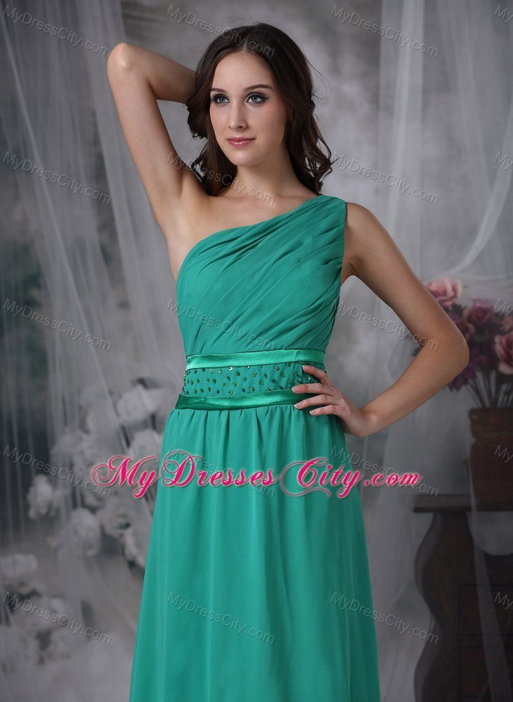 Turquoise Floor-length Bridesmaid Dress One Shoulder Chiffon Beading