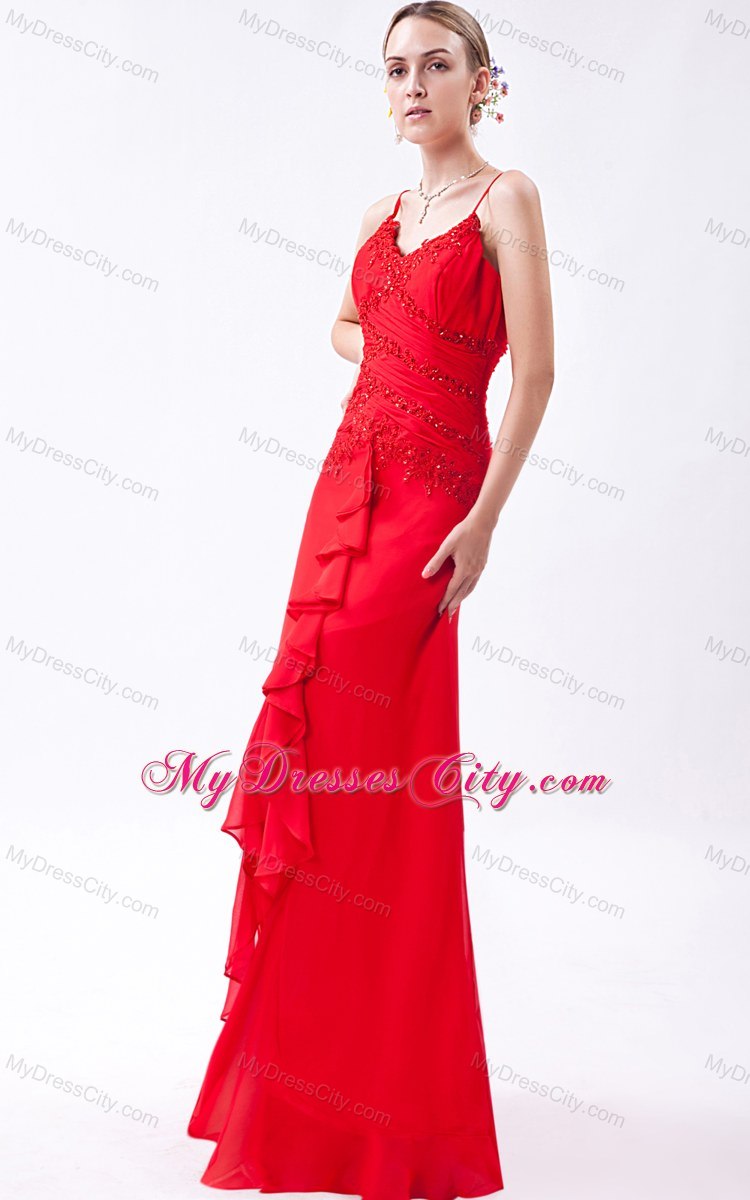 Spaghetti Straps Red Column Chiffon Bridesmaid Dress with Beading