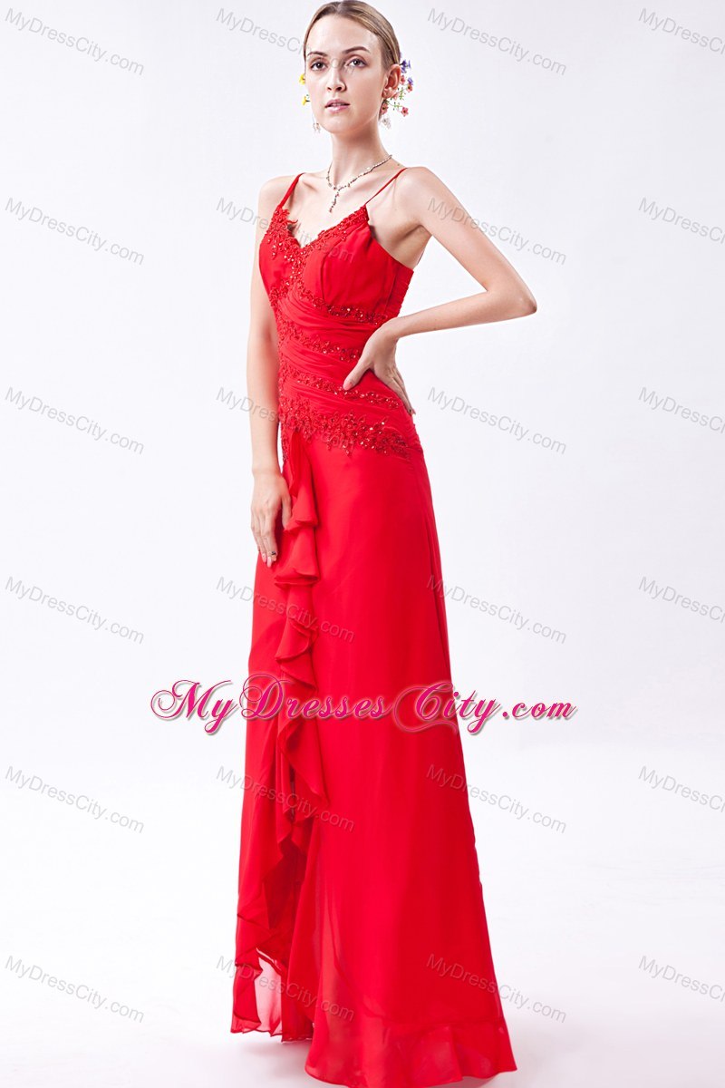 Spaghetti Straps Red Column Chiffon Bridesmaid Dress with Beading