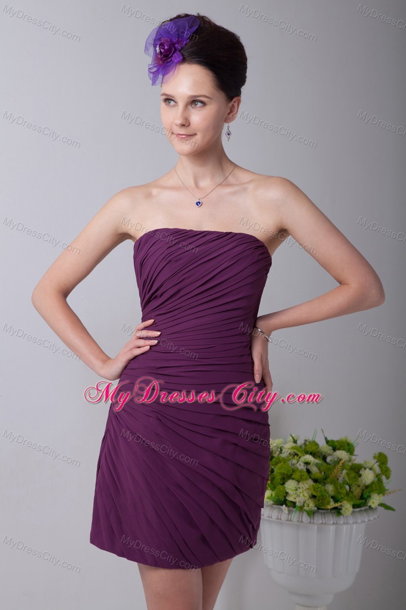 Purple Column Strapless Mini-length Chiffon Dress for Bridesmaid