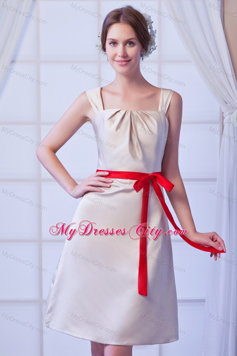 Square Champagne Mini-length Bridesmaid Dresses with Red Satin Bow