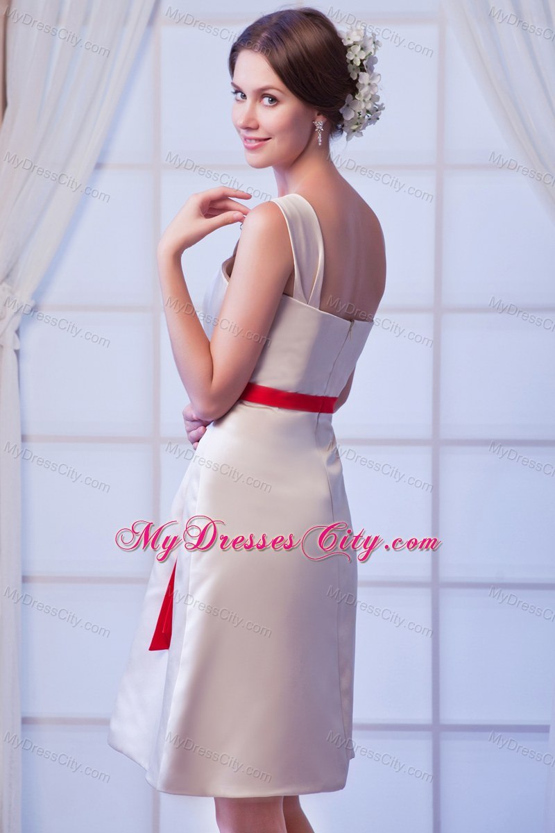 Square Champagne Mini-length Bridesmaid Dresses with Red Satin Bow