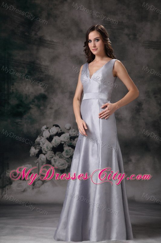 Long Gray Column V-neck Lace-up Back Bridesmaid Dress