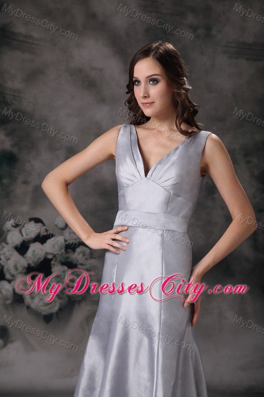 Long Gray Column V-neck Lace-up Back Bridesmaid Dress