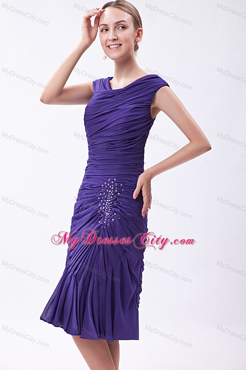 V-neck Ruched and Beaded Purple Dress for Bridesmaid