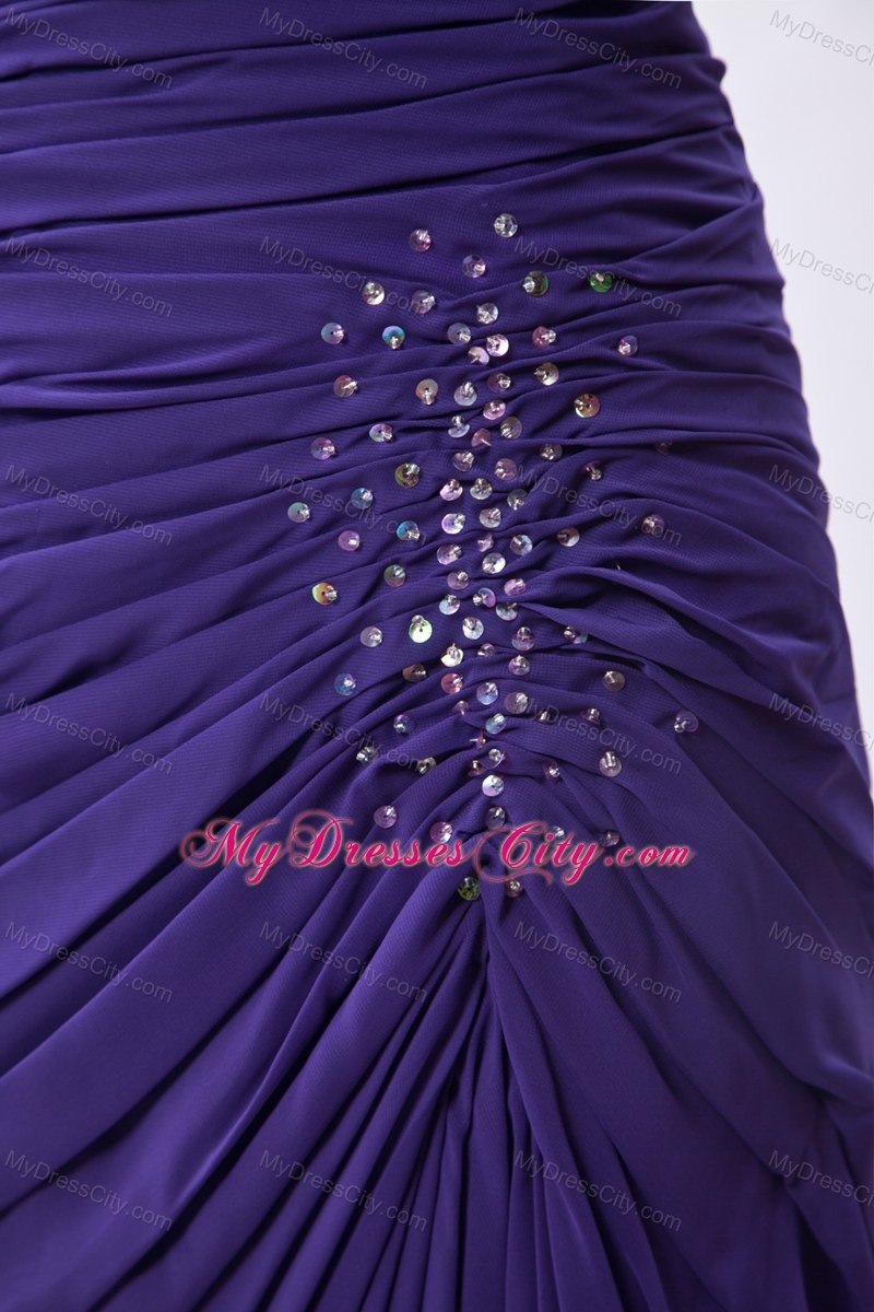 V-neck Ruched and Beaded Purple Dress for Bridesmaid