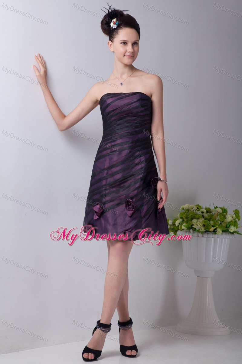 Short Diagonal Ruches Strapless Flowery Purple Bridesmaid Dress