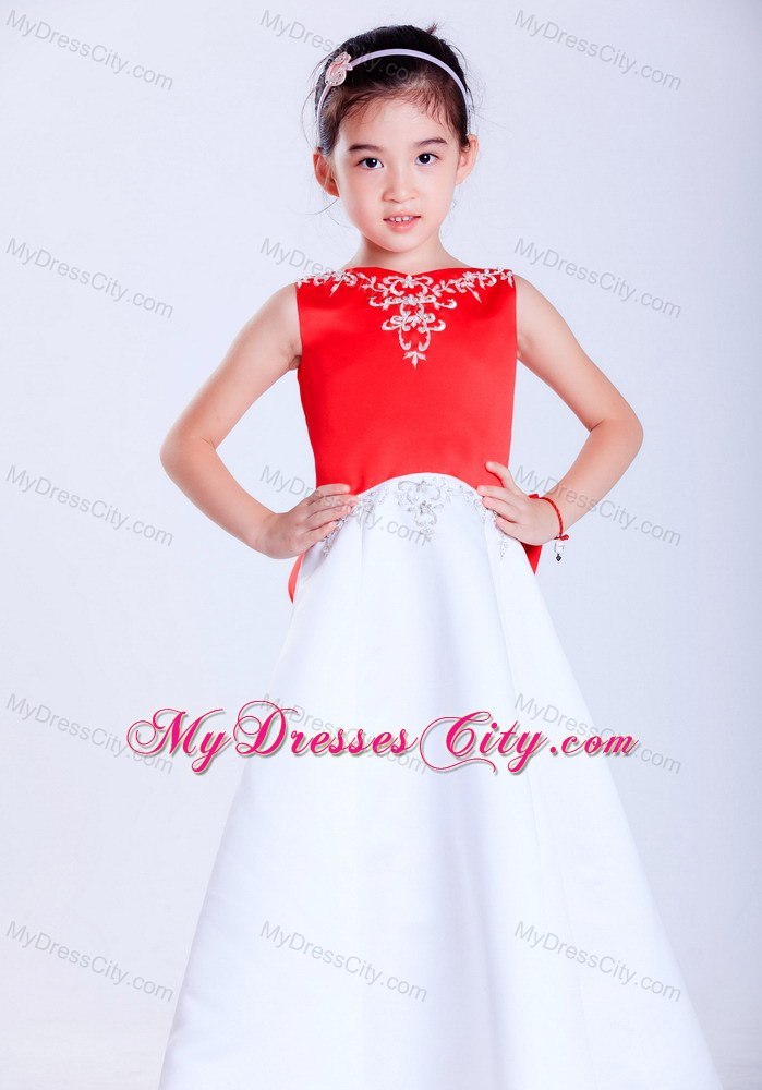 V-neck Princess Ankle-length Satin Embroidery Flower Girl Dress