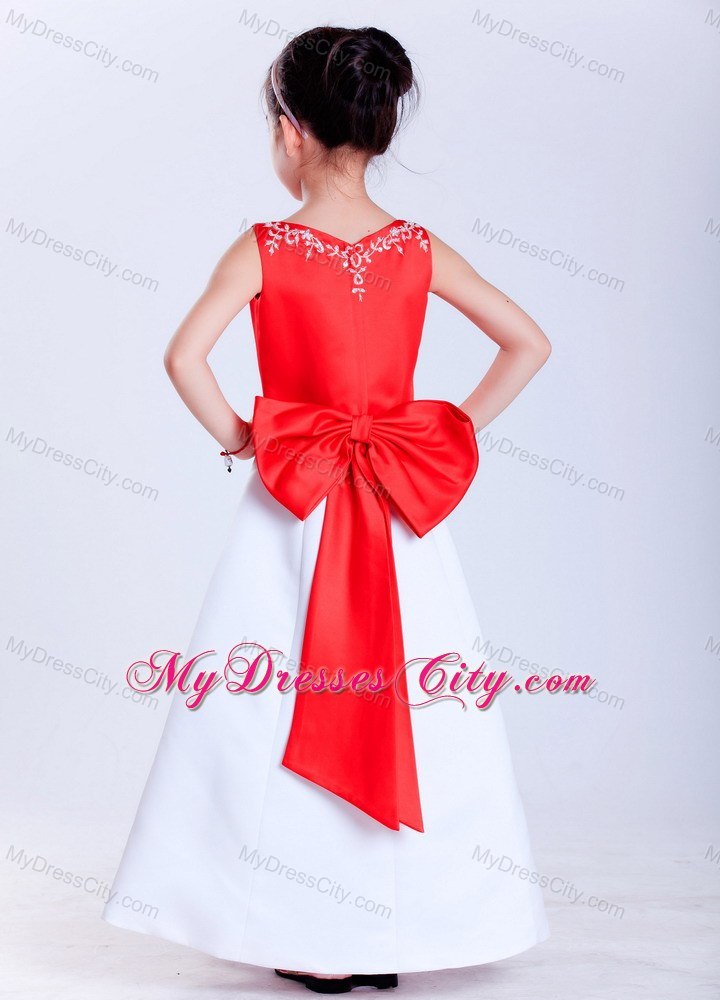 V-neck Princess Ankle-length Satin Embroidery Flower Girl Dress