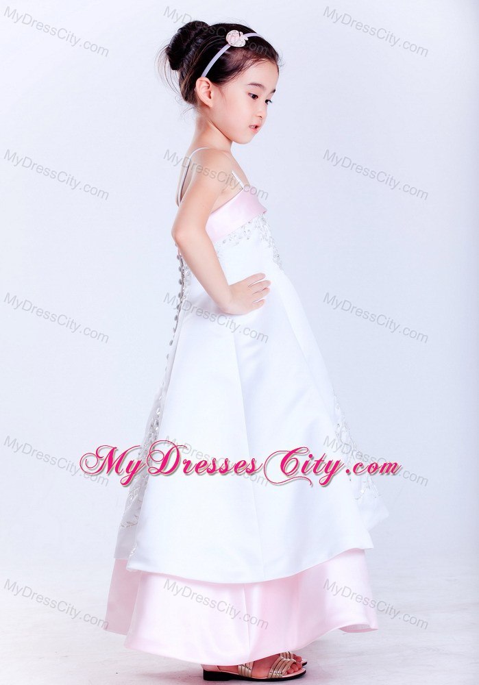 Straps Ankle-length Taffeta and Satin Embroidery Little Girl Dress
