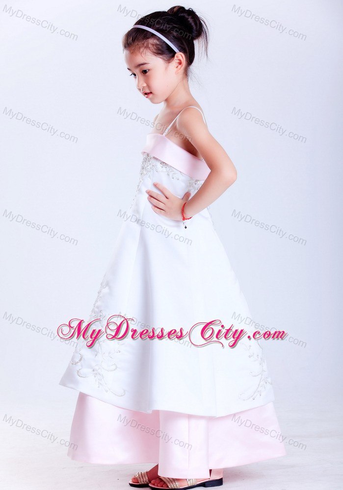 Straps Ankle-length Taffeta and Satin Embroidery Little Girl Dress