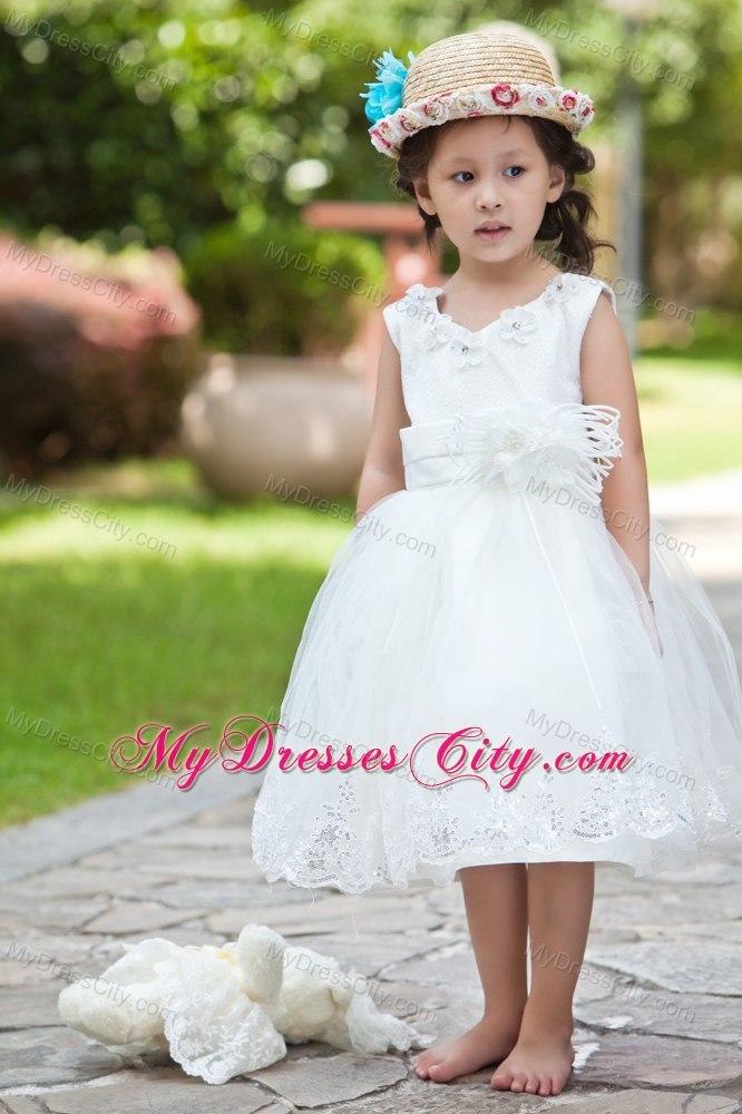 Taffeta and Organza Flower Girl Dress with Handle Flowers and Beading