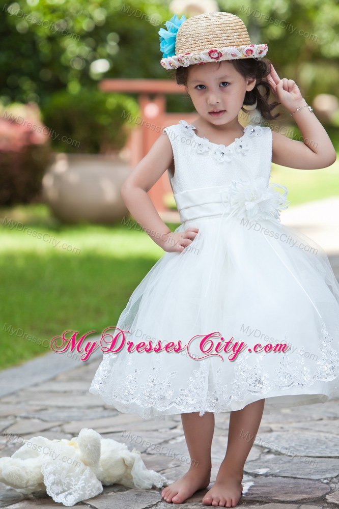 Taffeta and Organza Flower Girl Dress with Handle Flowers and Beading