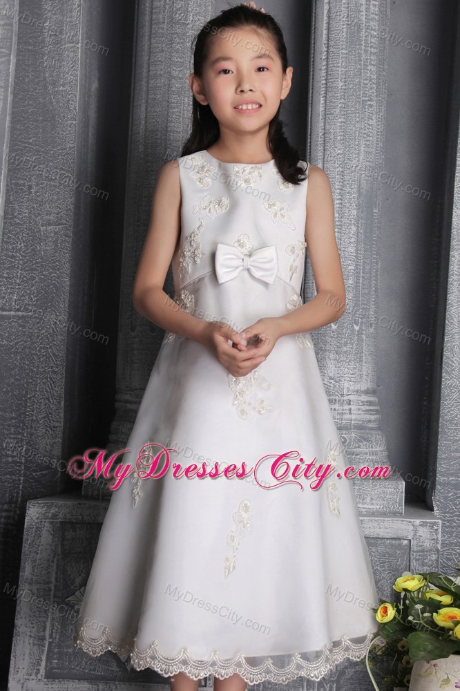 White A-line Tea-length Beaded Flower Girl Dress with Scoop Neckline