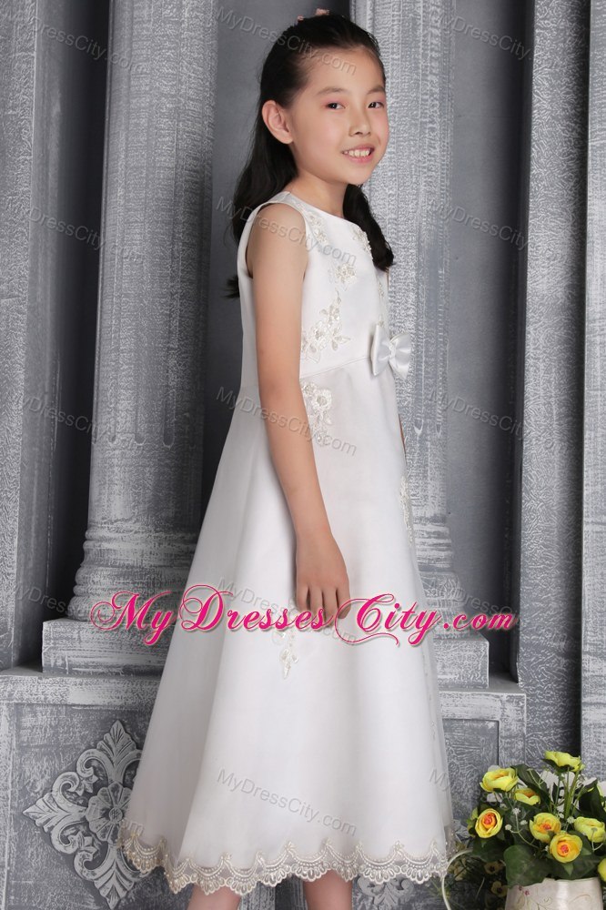 White A-line Tea-length Beaded Flower Girl Dress with Scoop Neckline