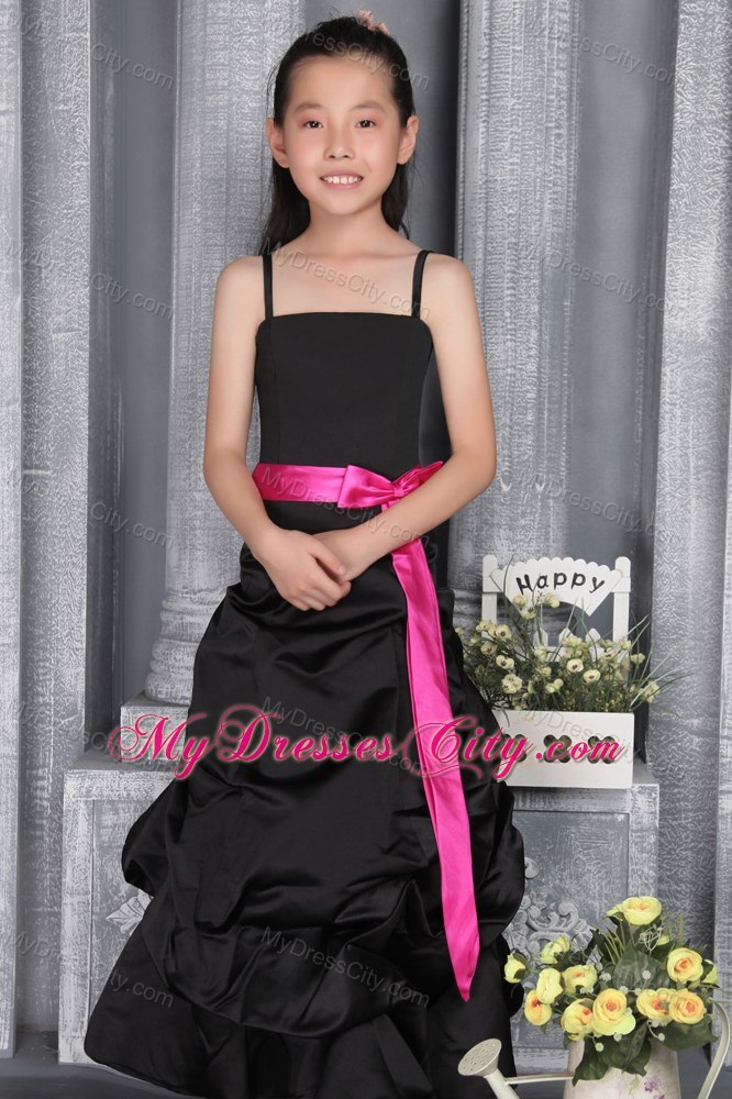 Straps and Belt Accented Floor-length Black A-line Flower Girl Dress