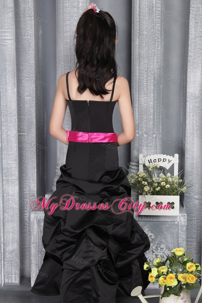 Straps and Belt Accented Floor-length Black A-line Flower Girl Dress