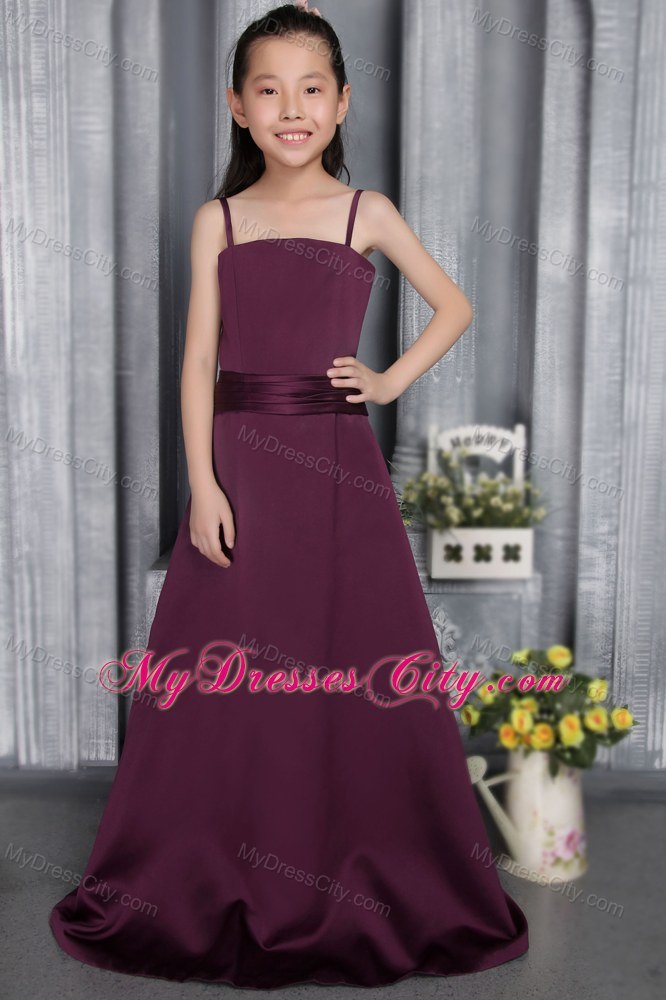Dark Purple Straps for A-line Flower Girl Dress with Brush and Belt