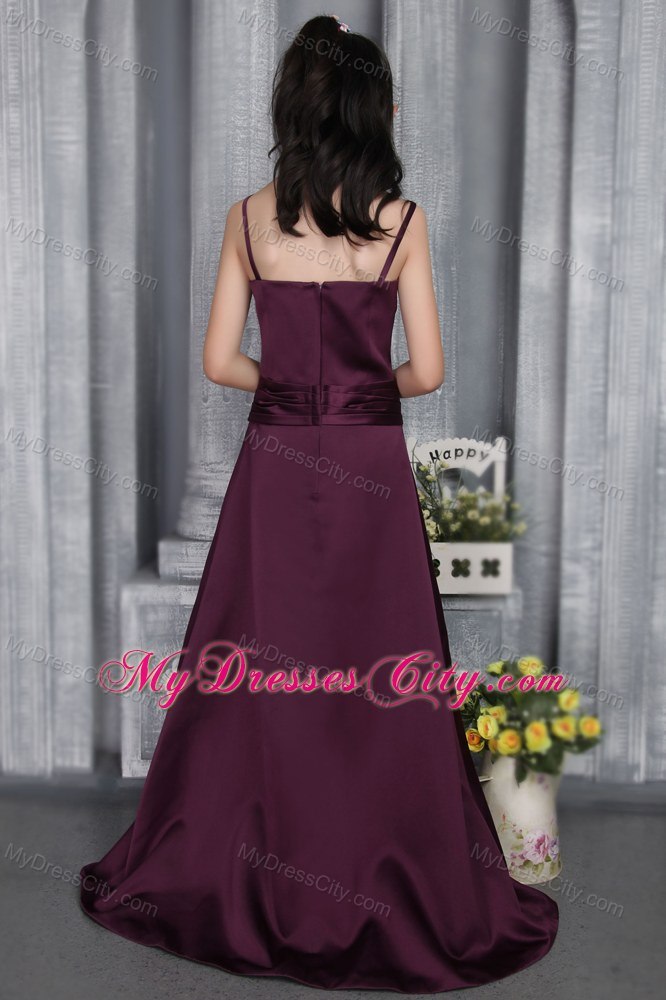 Dark Purple Straps for A-line Flower Girl Dress with Brush and Belt