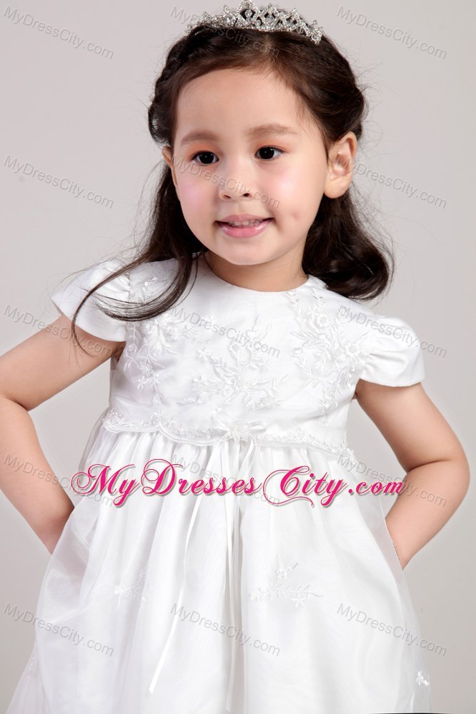Scoop Tea-length Flower Girl Dress with Cap Sleeves and Appliques