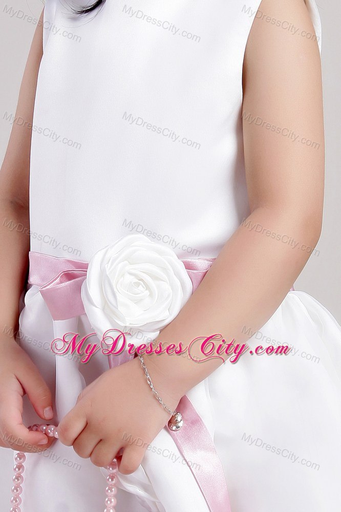 White Scoop Ankle-length Belt and Flowers Decorate A-line Little Girl Dress