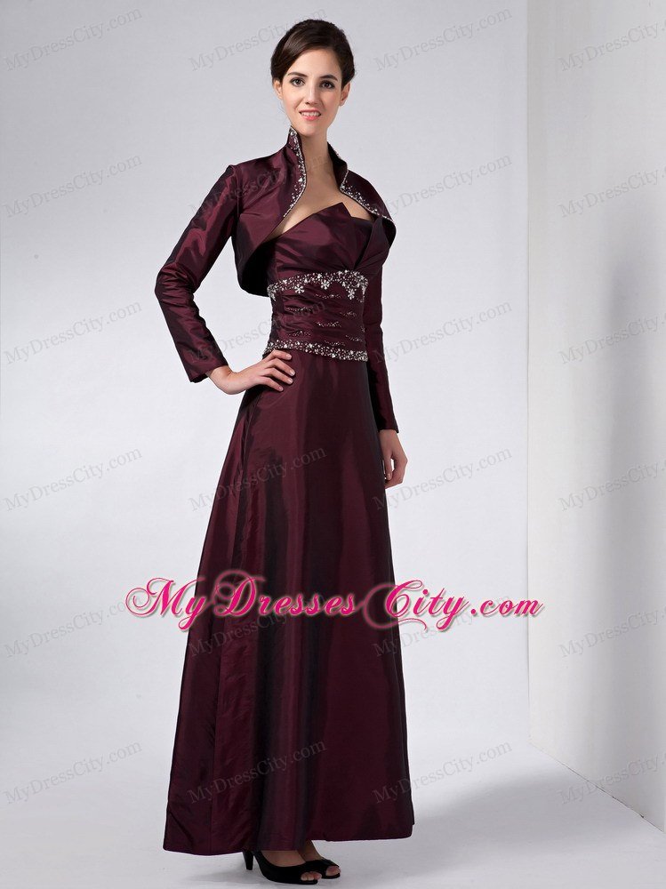 Burgundy Strapless Ankle-length Beading Mother Of The Bride Dress