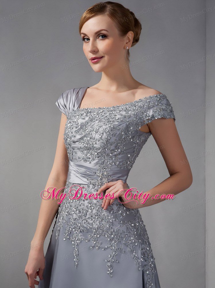 Gray Asymmetrical Straps Dress for Mothers Ankle-length with Appliques