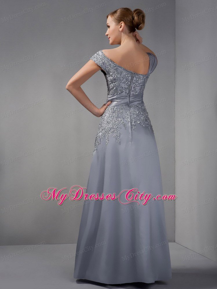 Gray Asymmetrical Straps Dress for Mothers Ankle-length with Appliques