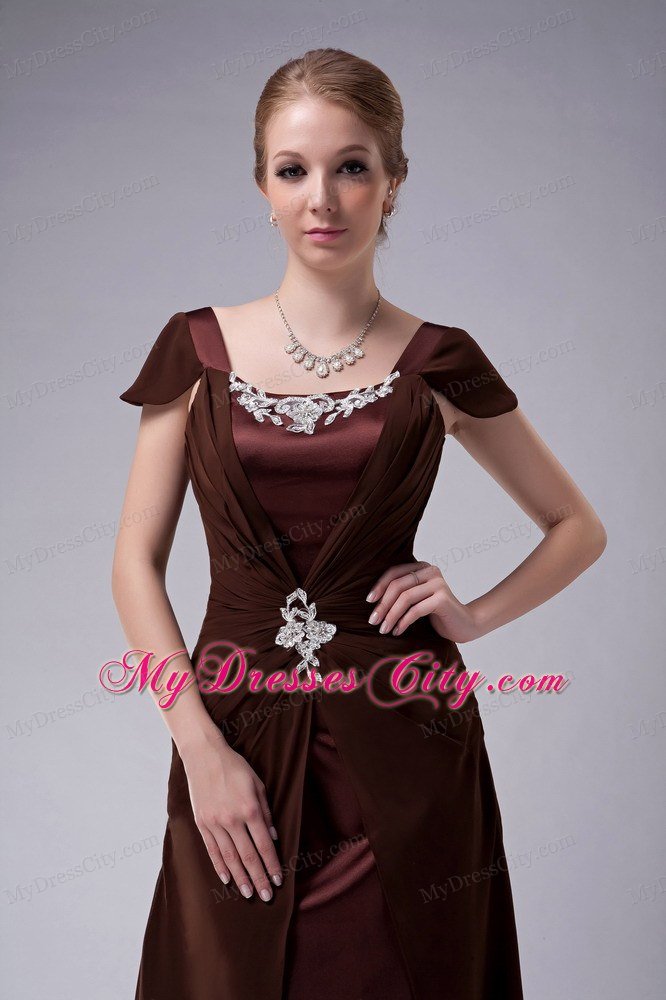 Brown Ruffled Cap Sleeves Mother Of The Bride Dress with Appliques