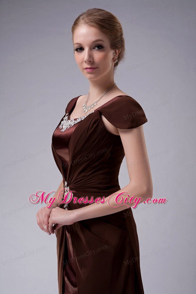 Brown Ruffled Cap Sleeves Mother Of The Bride Dress with Appliques
