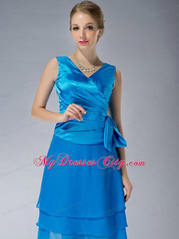 Sky Blue Empire V-neck Knee-length Ruching Mother's Dress