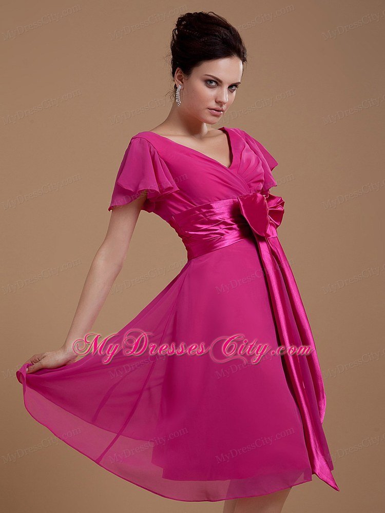 Hot Pink Mother Dress With Bowknot Short Sleeves Knee-length