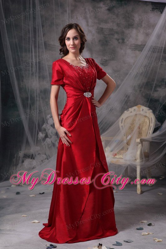 Red A-line Scoop Sleeves Beading and Ruched Mother Of Bride Dress