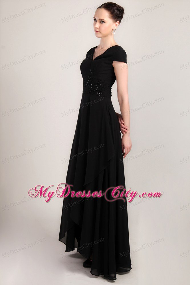 Cap Sleeves V-neck Beaded Ruche High-low Chiffon Mother of the Bride Dress