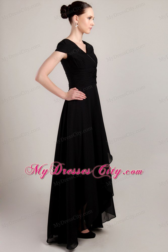 Cap Sleeves V-neck Beaded Ruche High-low Chiffon Mother of the Bride Dress