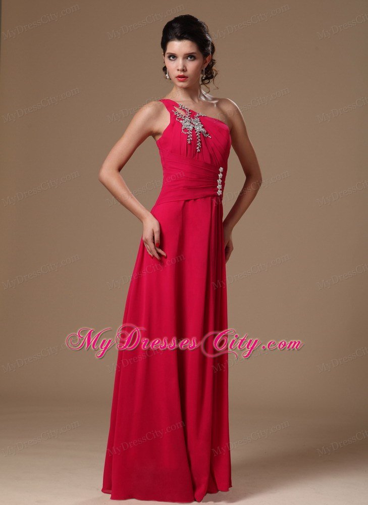 Red Floor-length Beaded Prom Gowns with One Shoulder