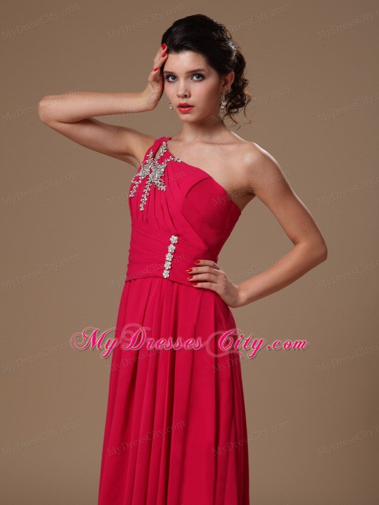 Red Floor-length Beaded Prom Gowns with One Shoulder